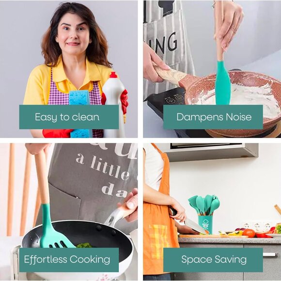 Silicone Cooking Set, 12 pcs Kitchen Utensils Set, Wooden Handle, Bucket Storage - Picture 6 of 7